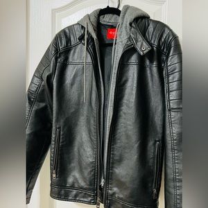 GUESS Men's Faux Leather Hooded Moto Jacket -Small Size
